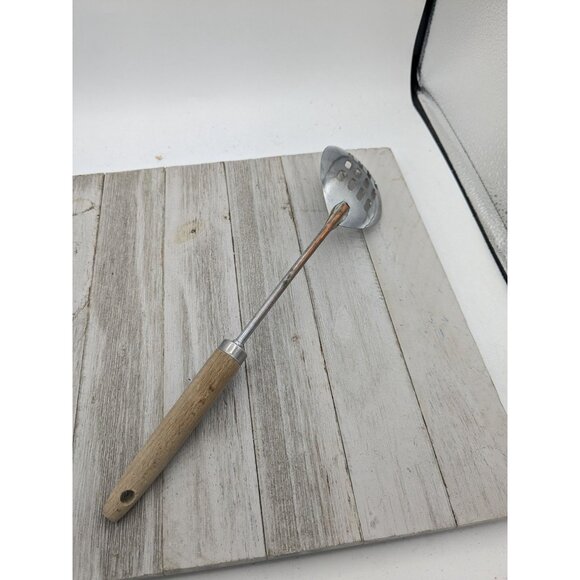 Vintage Chromium Plated Slotted Serving Spoon 12" Wood Handle - Picture 4 of 7